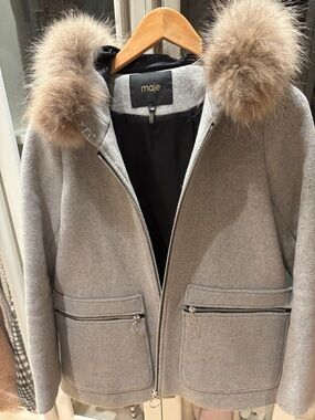 Maje Light Gray Wool Puffer Coat with Taupe Fur Trim
